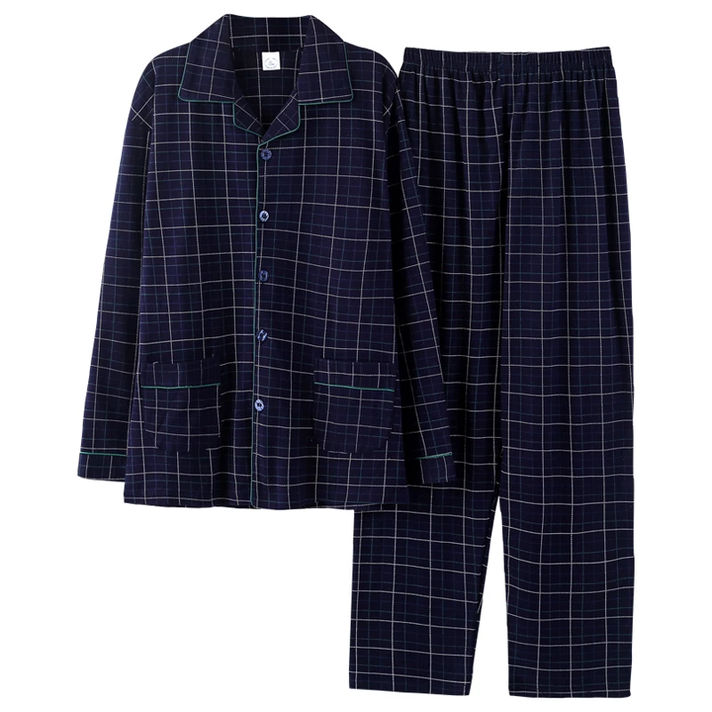 Winter 100% Cotton Pajamas For Men 2PCS Lounge Sleepwear Men Blue Plaid Pijama Hombre 2020 Home Clothes Pure Cotton Pyjamas Set