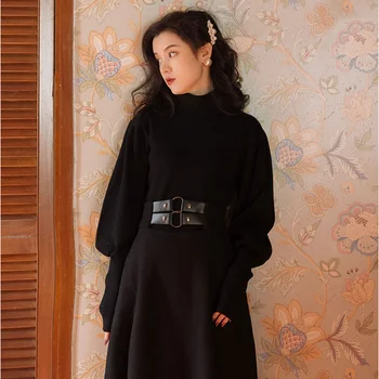

2019 Winter Mid-calf 2 Piece Set Women Outfits Black Lantern Sleeve Full Sleeve Pullover Sweater Top and Woolen Skirt Set