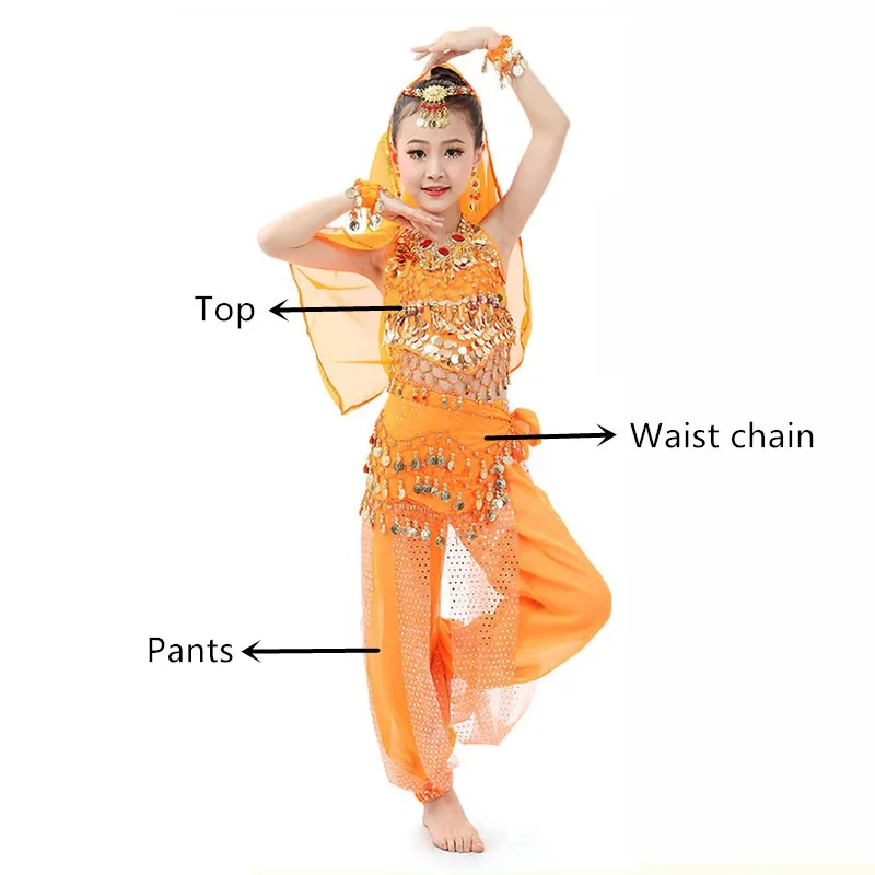 Детский набор костюма для танца живота Восточный танец Индийский танец Дети танец живота костюм платье Болливуд представление одежда сцена - Цвет: Orange 3 pcs