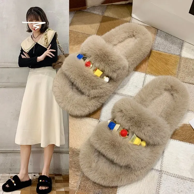 

mao tuo xie Female 2020 Autumn & Winter New Style Versatile Outer Wear Fashion Network Red Fluffy Agate Maomao Shoe WOMEN'S Shoe