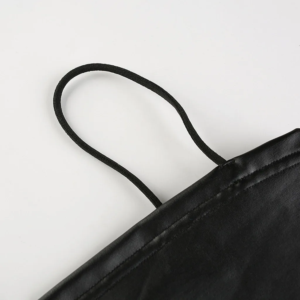 Сексуальный летний укороченный топ на бретельках из искусственной кожи, обтягивающий сексуальный короткий черный женский черный однотонный жилет без рукавов размера плюс# LR5