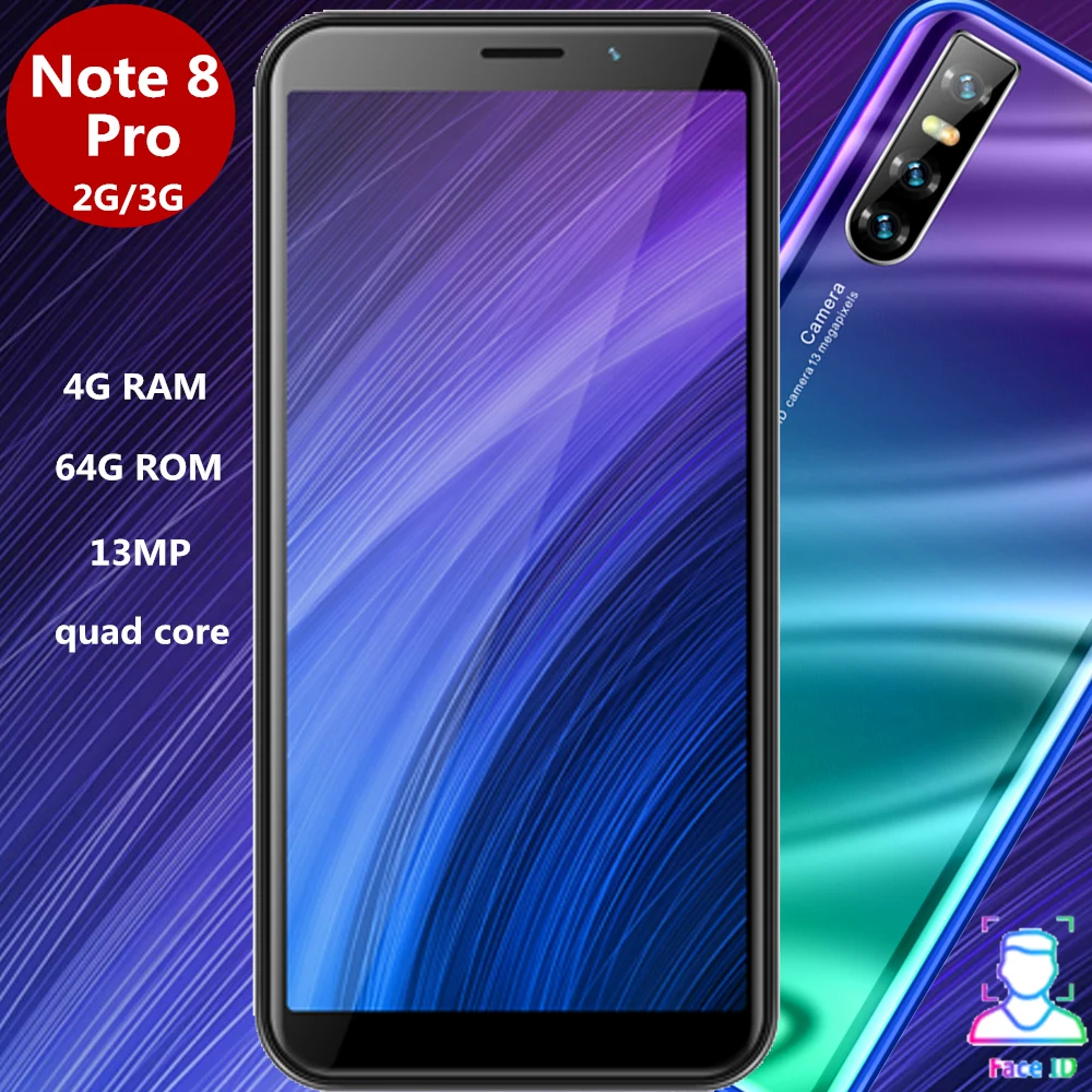 Смартфон Note8 Pro, 4 Гб ОЗУ, 64 Гб ПЗУ, четырехъядерный процессор, 5 Мп+ 13 МП камера, распознавание лица, разблокированные мобильные телефоны android, дешевые, celulares, 3G, WCDMA