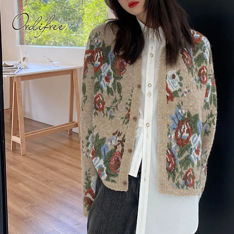 

Ordifree 2022 Autumn Winter Vintage Women Knitted Cardigan Long Sleeve Loose Casual Outwear Coats Floral Print Sweaters Jumpers