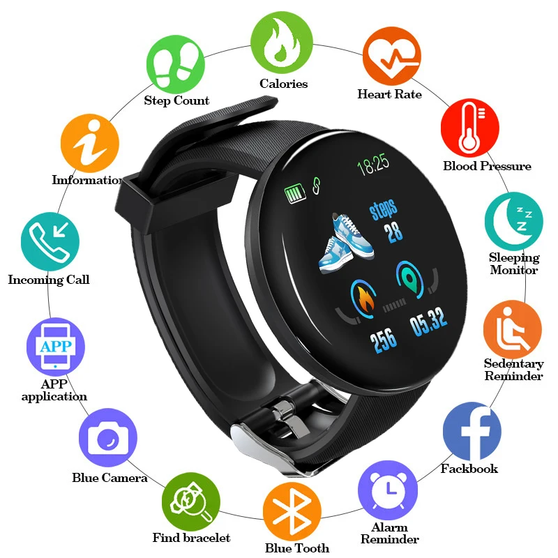 

D18 Waterproof Smart Watch Man Women Sport Calorie Pedometer Bluetooth Blood Pressure Heart Rate monitor Wristband android ios