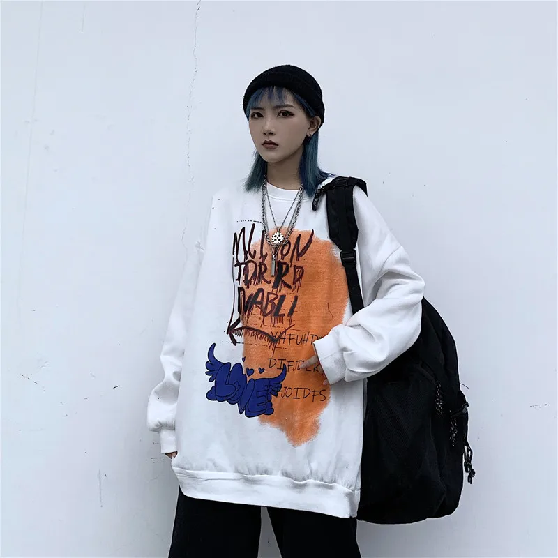 Focal20 Streetwear Graffiti Women Fleece Sweatshirt Crew Neck Loose Female Pullovers Tops Casual Autumn Lady Fleece Sweatshirts