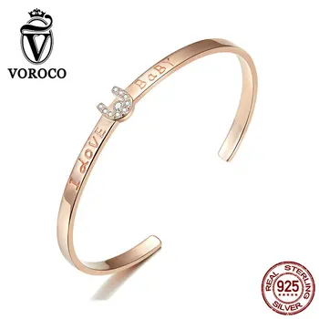 

VOROCO BKB169 925 Sterling Silver Bracelet Rose Golden Love Promise Bangle I Love U Trendy Fine Jewelry Gift For Girlfriend
