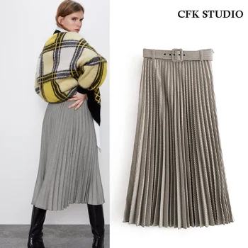 

2020 New Za Women Midiskirt with High Waist Plaid Print Belt Elegant A-line Midiskirt Femme Summer Loose Midiskirt