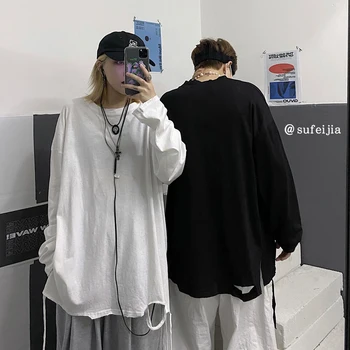 

Long sleeve T-shirt women's Korean version autumn / winter 2020 new ins versatile broken hole bottoming shirt loose with white t