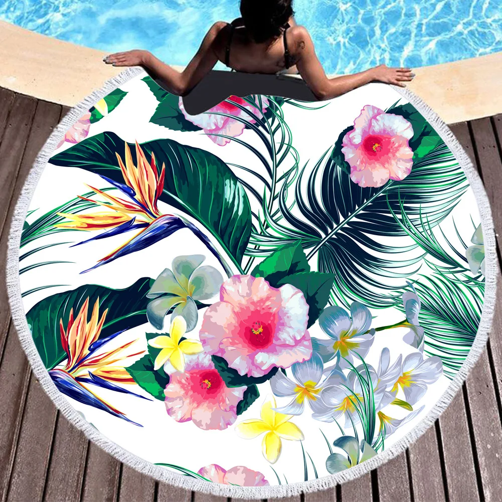 

3D Flowers Leaves Printed Beach Towel Women Large Bath Towel Beach Thick Round Fabric Quick Compressed Towel Tapestry Yoga Mat