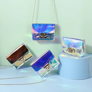 

Fashion Women Holographic Crossbody Bags, Fashion Translucent Laser Shoulder Bag with Metal Chain Square Shape Buckles