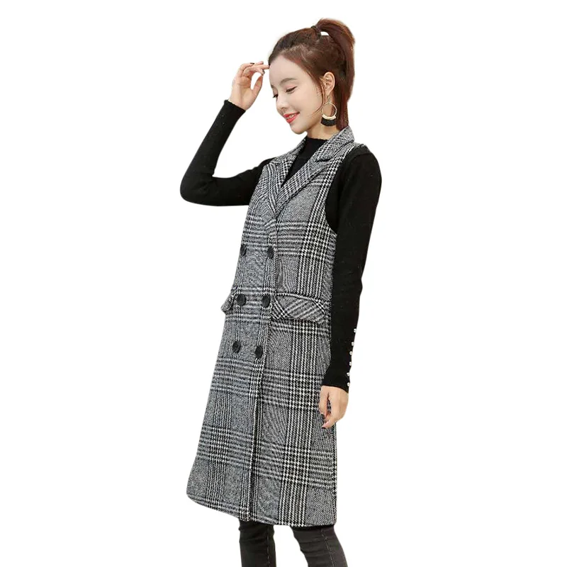 

Women's Waistcoat Spring and Autumn Long Korean Version of The New Spring Plaid Suit Sleeveless Coat Ladies Vest