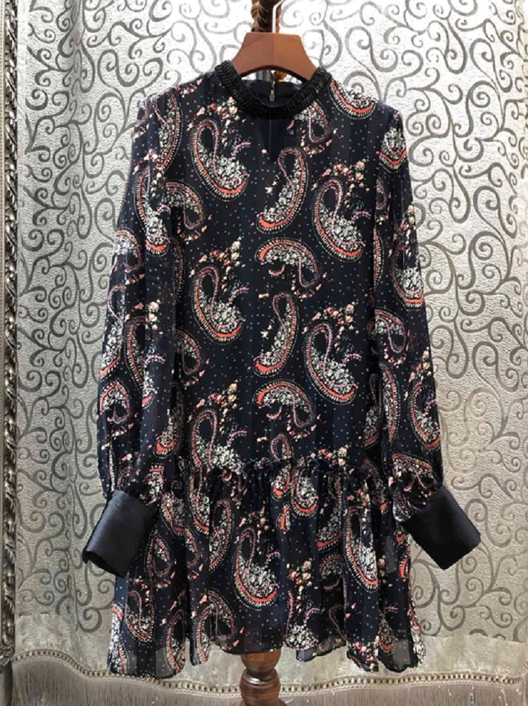 dark blue Новинка, весенне-летнее модное Стильное женское платье, расшитое бисером, с воротником-стойкой, винтажный принт, длинный рукав, прямое повседневное шелковое Хлопковое платье - Цвет: dark blue