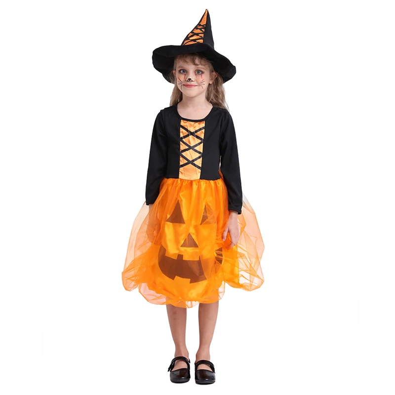 

Girls Halloween Pumpkin Witch Costume Kids Cosplay Witch Dress With Hat Halloween Party Dress Up Black Orange Clothing