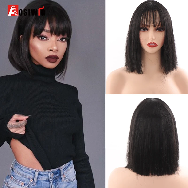 AOSI Short Bob Wig With Bangs Synthetic Lolita Cosplay Daily Wigs Black Pink Purple Blonde for Women Straight Natural Hair | Шиньоны и