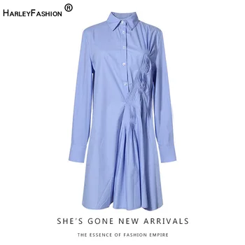 

New Summer Casual Loose Solid Color White & Blue Dress Asian Style Designing All-match Pleated Cotton Quality Dresses