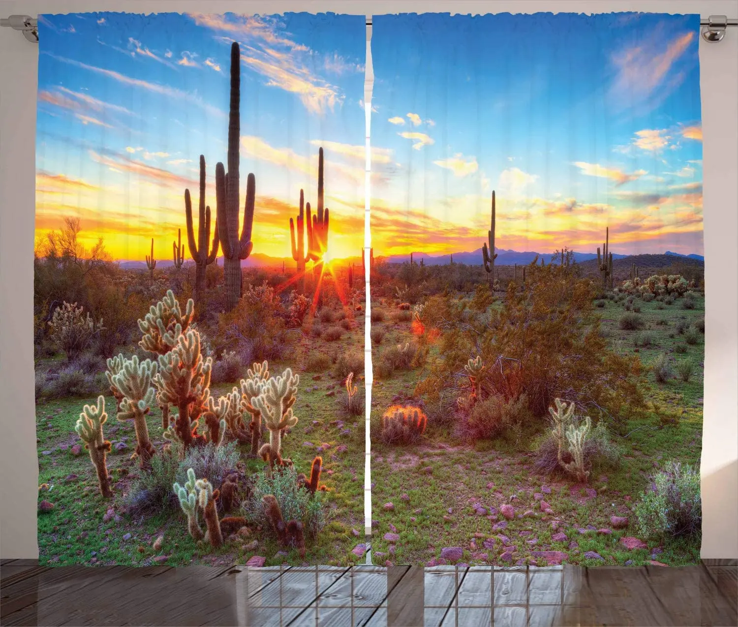 

Оконные шторы Saguaro, солнце, загорание между Сагуаро, дикие цветы в Sonoran Desert Scene, картина, декор для гостиной