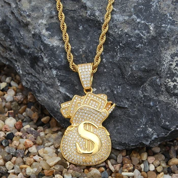 

Hip Hop Micro Cube Zircon USD Money Bag Pendant Necklace Gold Silver Men Exaggeration Fashion Boutique Necklace Jewelry Gift