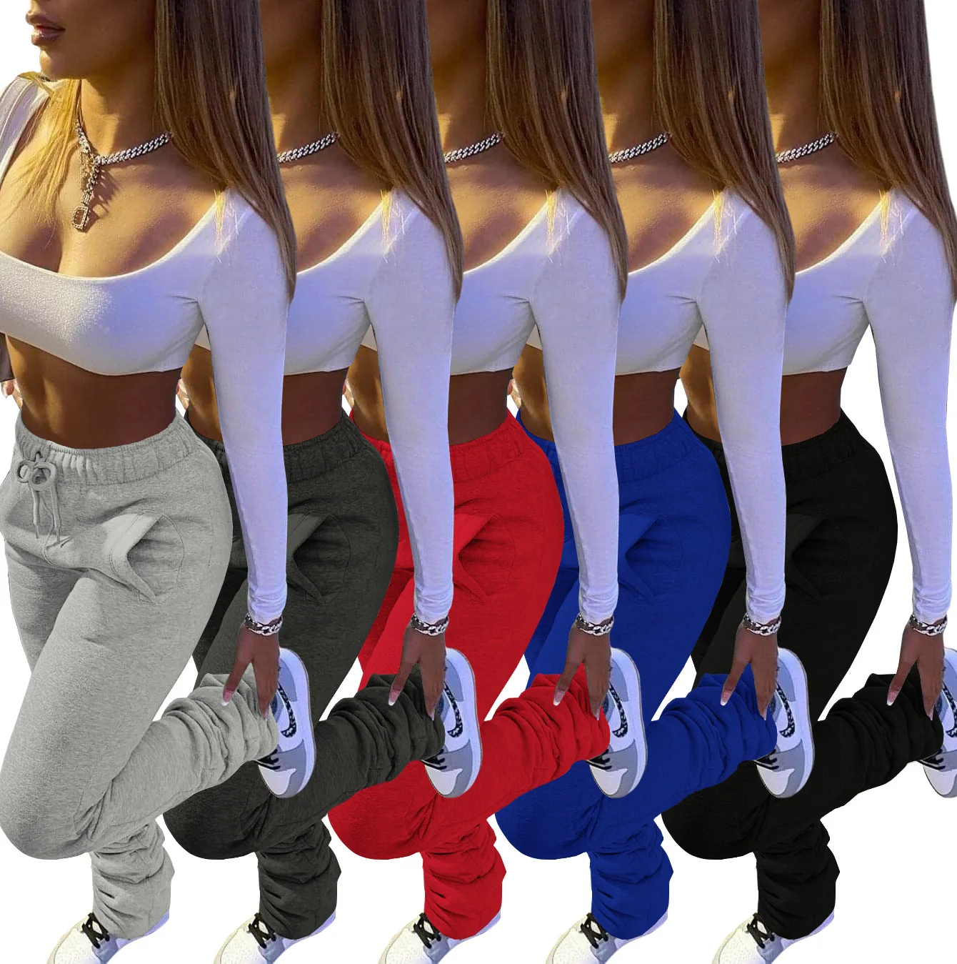 Stacked Sweatpants Women's Fleece Thick Sports Fitness Drawstring with Pocket Streetwear Flare Pants Bulk Item Wholesale Lots
