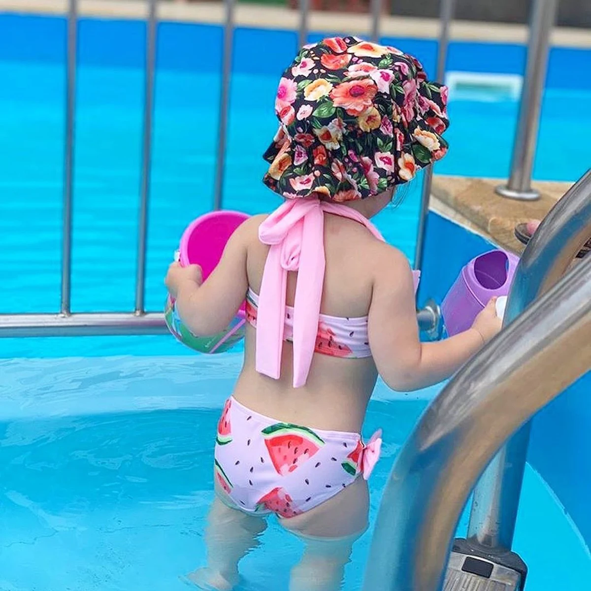 Cute Baby Girl Two Piece Swimsuit Watermelon Print Bathing Suit Beachwear Summer Bowknot Halter Bikini Set