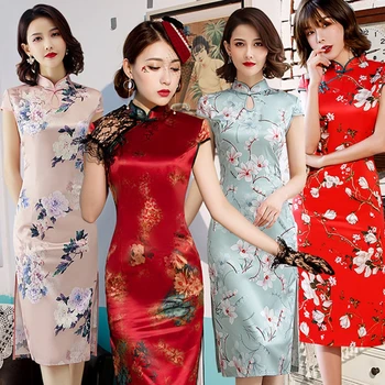 

Chinese traditional style new girl Printing Slim retro long cheongsam summer improved Chinese style cheongsam dress Plus Size4XL