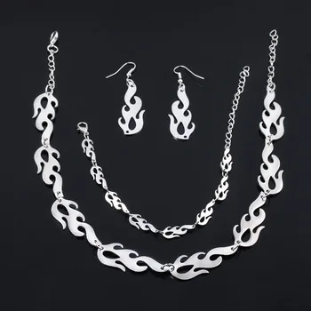 

Hip Hop Flame Necklace Bracelet Earrings Set Punk Silver Color Clavicle Collar Choker Party Jewelry Accessories for Women Men