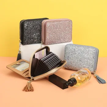 

Leather Short Wallet Women's Sequined Tassel Card Holder Multi-card ID Card Holder Large Capacity Card Holder