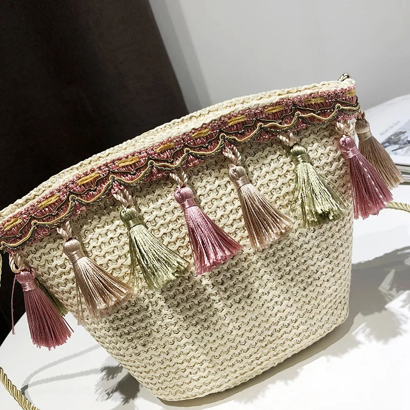 

Ethnic-Style Weaving WOMEN'S Bag 2019 New Style Versatile Shoulder Bag INS Hot Sales Shoulder Tassels Bucket Bag Trendy Bag