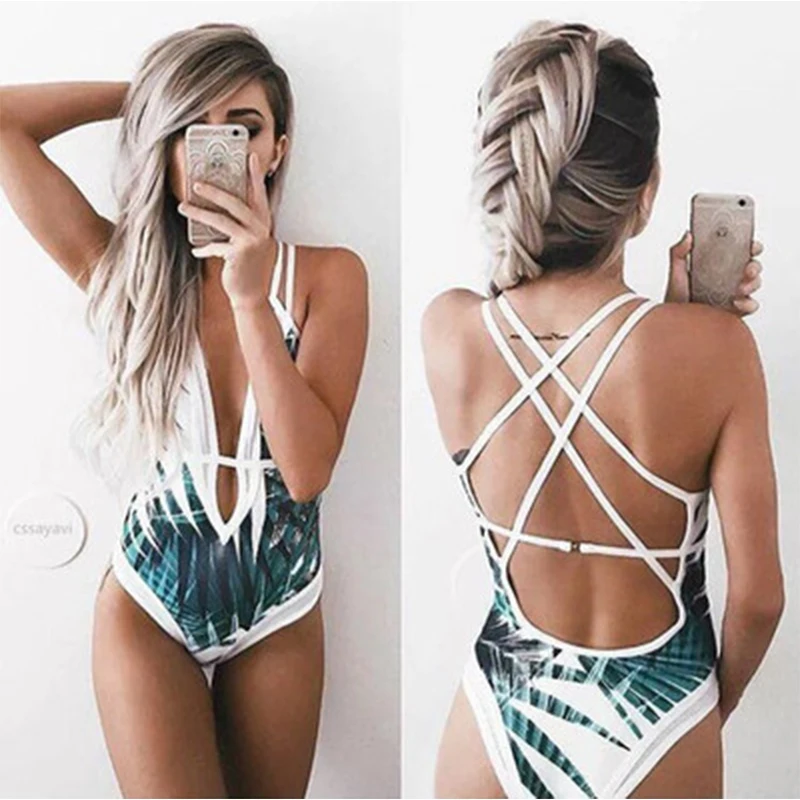 

Bamboo leaf printed women's one piece bikini swimwear Brazilian sexy deep V-neck open back mesh lace swimwear