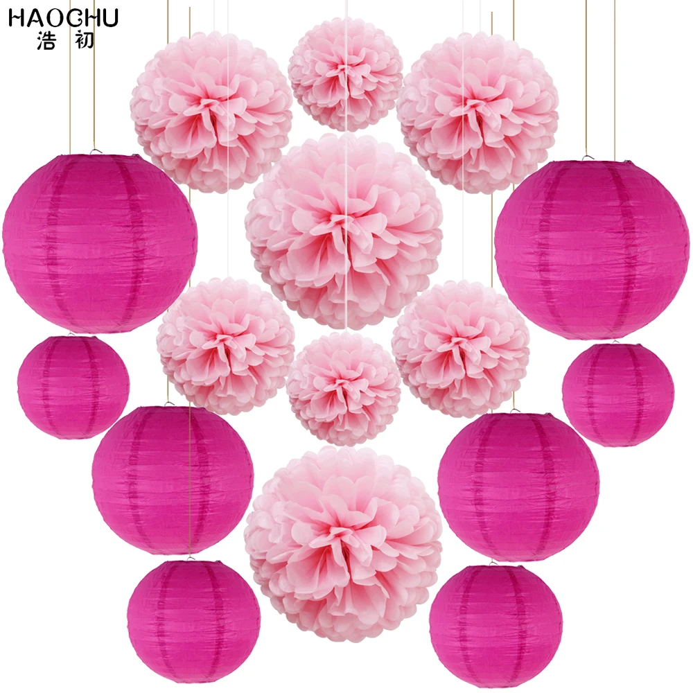 

16pcs/lot Chinese Paper lampion Lanterns Tissue Pom Poms Assorted Sizes Round Paper Lanterns Wedding Party Hanging Decor Favor