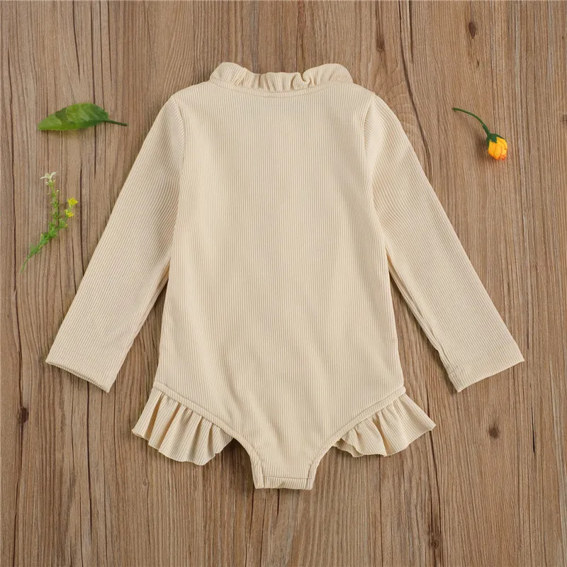 Children Swimwear 1-5Y Toddler Girls Knitted Front Zipper Long Sleeve Ruffles Summer Swimsuit Jumpsuits