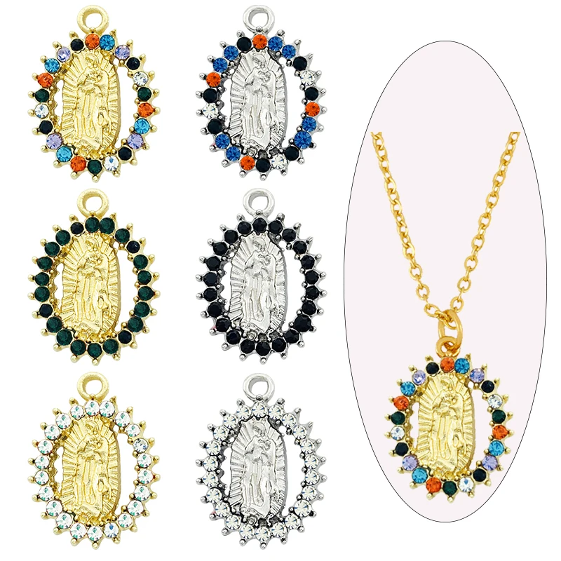 

5Pcs 15*21mm Virgin Mary Zinc Alloy Charms Multicolor Rhinestone Oval Shape Geometry Coin Charm For DIY Necklace Accessories