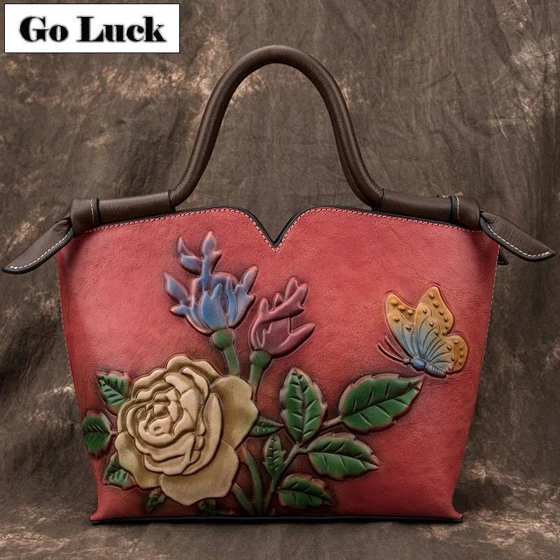 

GO-LUCK Brand Retro Genuine Leather Floral Top-handle Tote Handbag Women Crossbody Shoulder Bag Women's Messenger Bags Cowhide