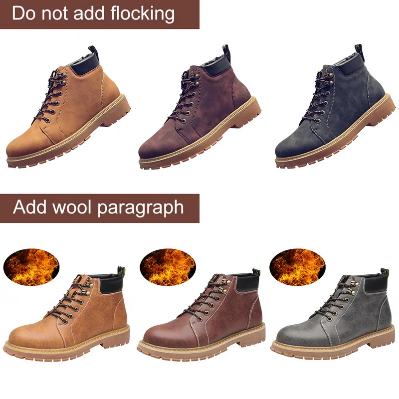 Men Fashion Short Boots Solid Color Low Heel Ankle Boots PU Leather Autumn Winter Warm Boots Outdoor Sport Sanded Boots New