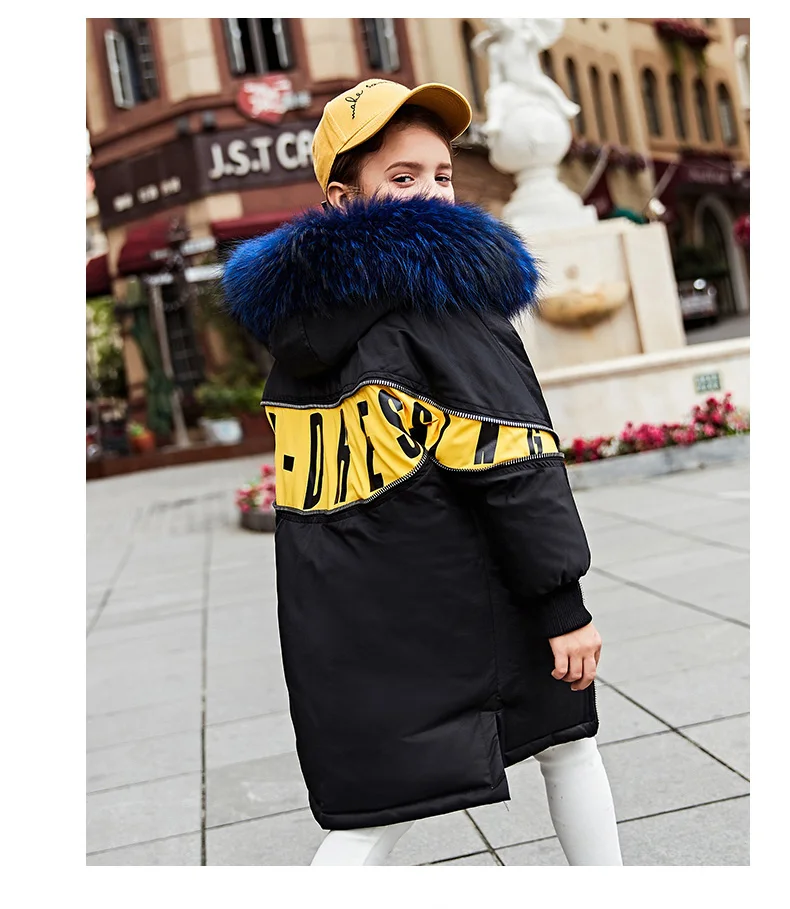 HSSCZL Girls down jackets brand winter thicken natural fur collar outerwear overcoat fashion kids children's clothing 6-14Y