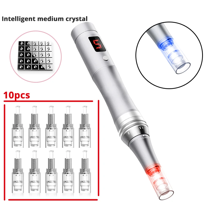 medium crystal 10pcs DARSONVAL usb зарядка Серебряная ручка 2 цвета Led для лица Интеллектуальный Кристалл картридж винт dr Micro Needling тату-машина ручка - Цвет: medium crystal 10pcs