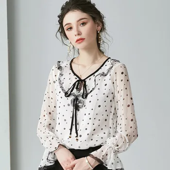 

Spring Sweet Bell Sleeve White Polka Dot Lolita Ruffles Pure Silk Blouses Women Chiffon Shirt Elegant Office Ladies Lace Tops za