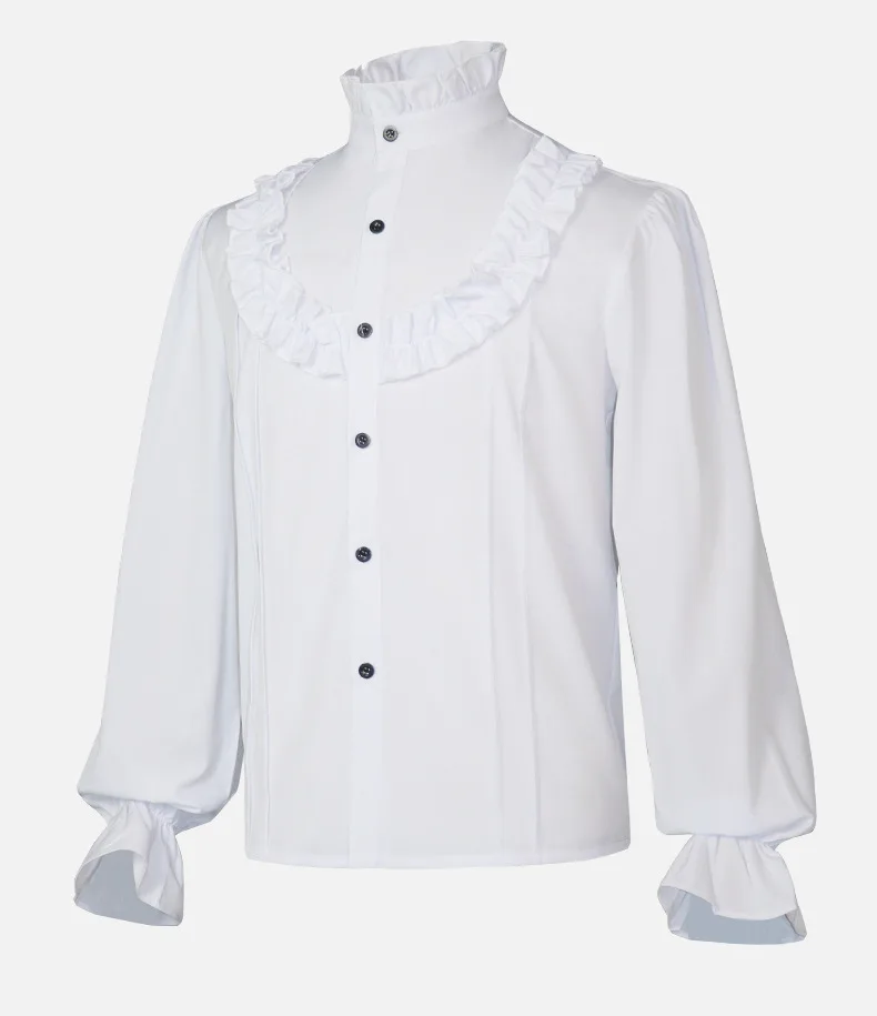White Ruffles Stand Collar Lantern Sleeve Victorian Style Medieval Shirt Gothic Clothes Men Vintage Top Banquet Party Daily Wear