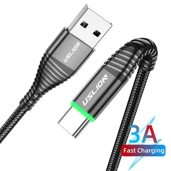 

1pcs 0.5/1/2m Universal 3.0A Fast Charging Mobile Phone Nylon Cord Data Cable With Green Light USB Type-C Data Line Data Cord