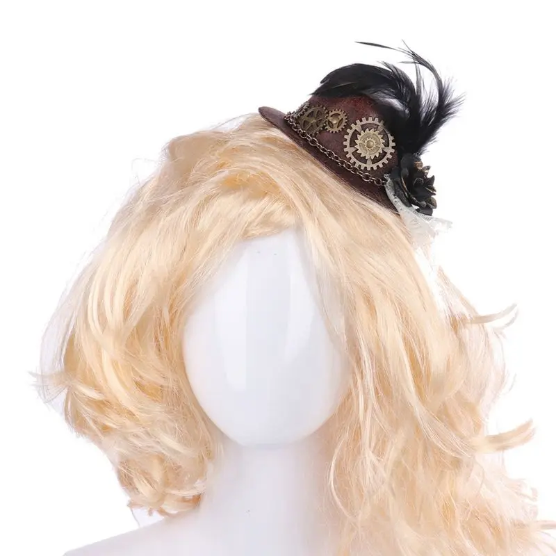 Women Halloween Gothic Mini Top Hat Steampunk Gears Chain Feather Flower Fascinator Hair Clip Victorian Cosplay Costume