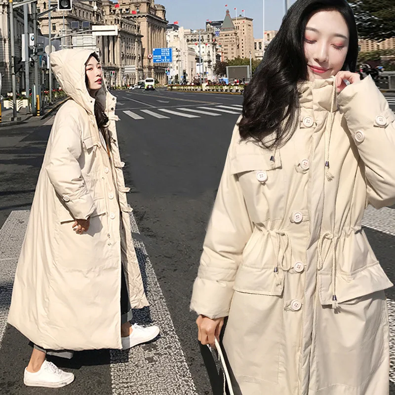 

Long down Jacket Cotton-padded Clothes Women's 2018 New Style Long Korean-style Loose-Fit Hooded Thick Extended Knee College Sty