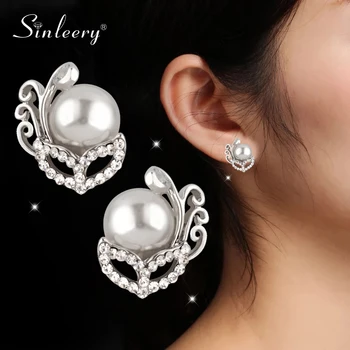 

SINLEERY Cute Mask Imitated Pearl Clip On Earrings No Hole Without Piercing Silver Color Bride Wedding Jewelry Es400 SSB