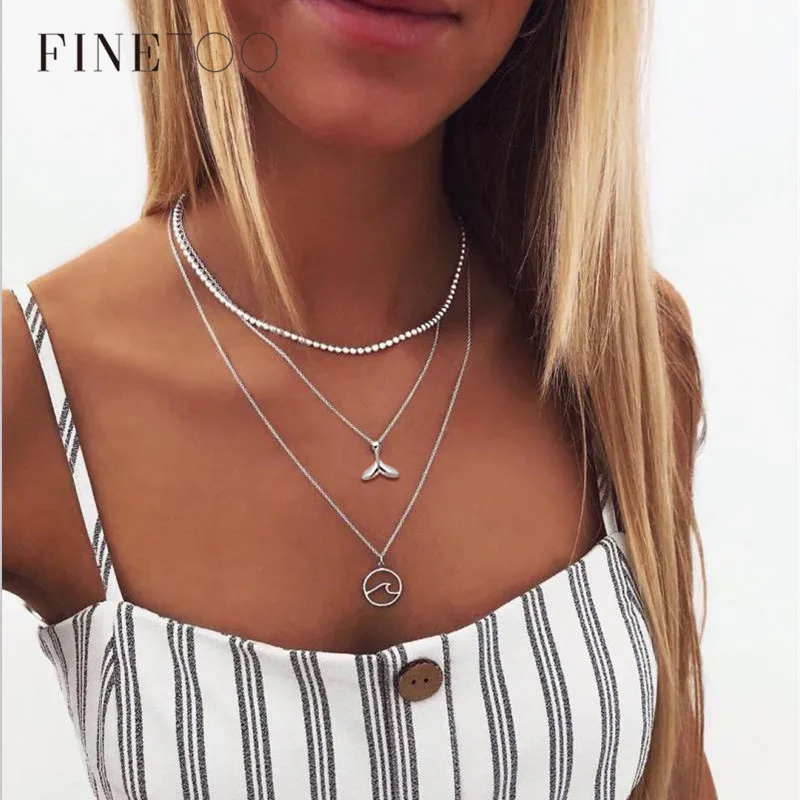 

Bohemian Multi Layered Dolphin Tail Wave Pendant Necklace Fashion Silver Gold Color Choker Necklaces for Women Collares