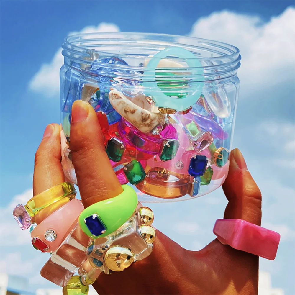 New Colorful Transparent Resin Acrylic Crystal Rhinestone Simple Geometric Square Round Rings Set for Women Fashion Jewelry