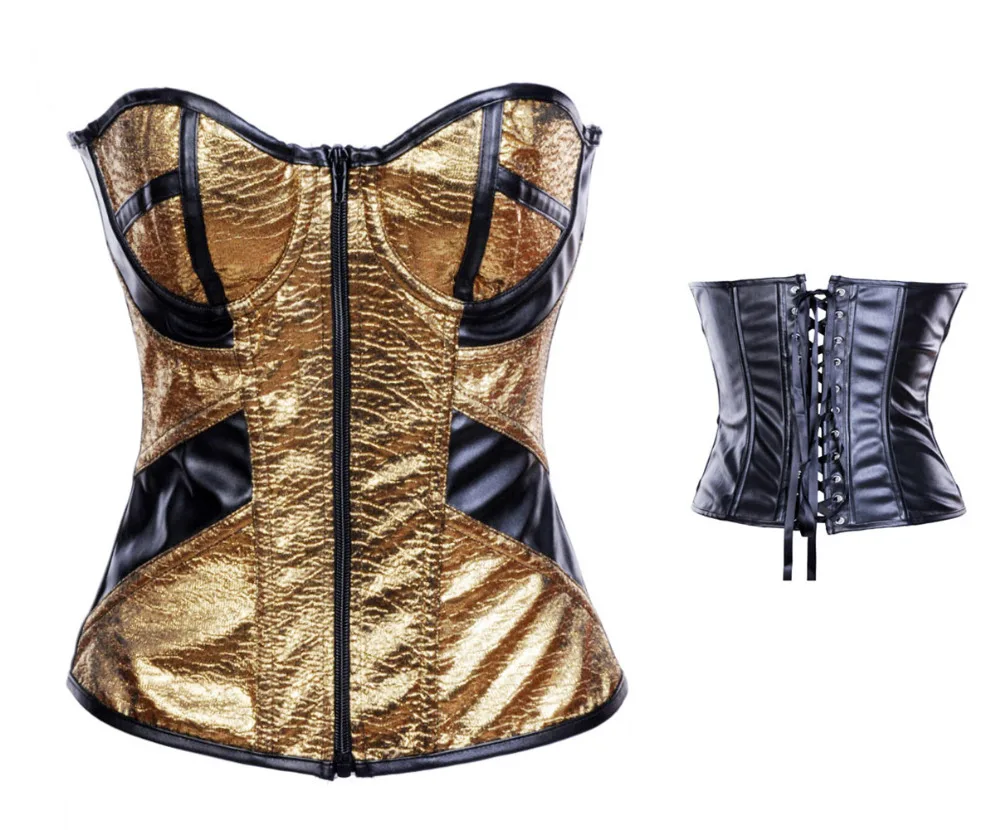 Сексуальный золотой карнавал Клубная одежда новая мода искусственная кожа корсет с чашкой бюстье блестки молния корсетный Топ Набор S-2XL