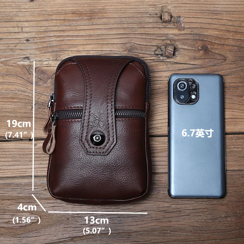 NZPJ Leather Men's Waist Bag Top Layer Cowhide Casual Mobile Phone Bag Wear Belt Vertical Shoulder Messenger Mobile Phone Bag