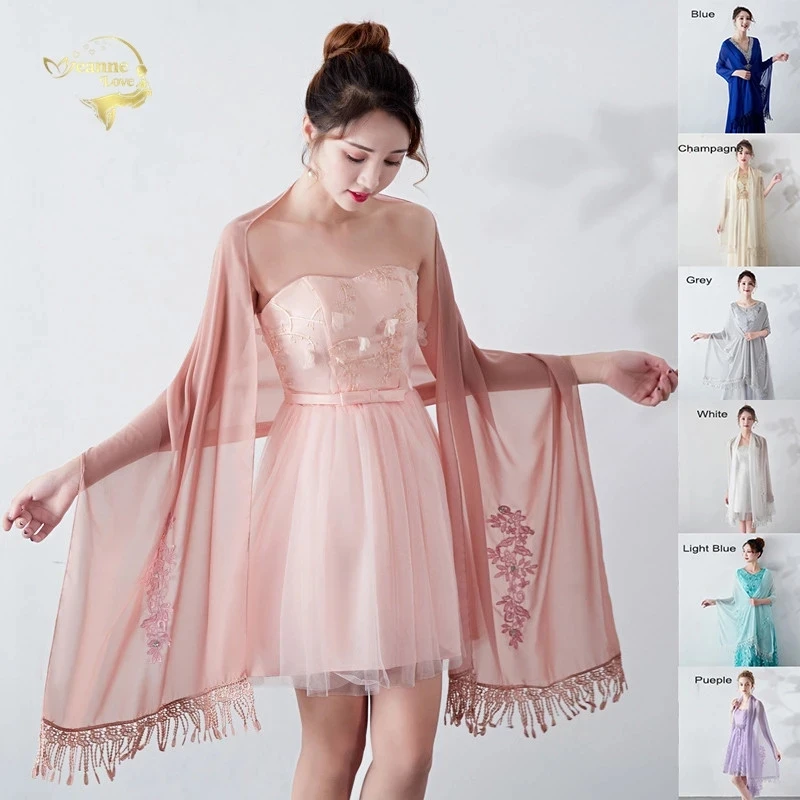 Long Chiffon Bolero Stole Lace Appliques Beaded Evening Dresses Wedding Shawls Wraps With Tassel Bridal Capes Party Ladies Scarf