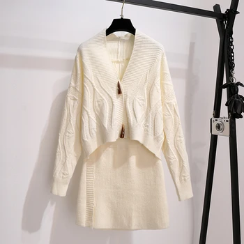 

2020 Autumn Knitted 2 Piece Set Women Sweater crop Tops Skirt set ensemble femme two piece outfits conjuntos chandal mujer