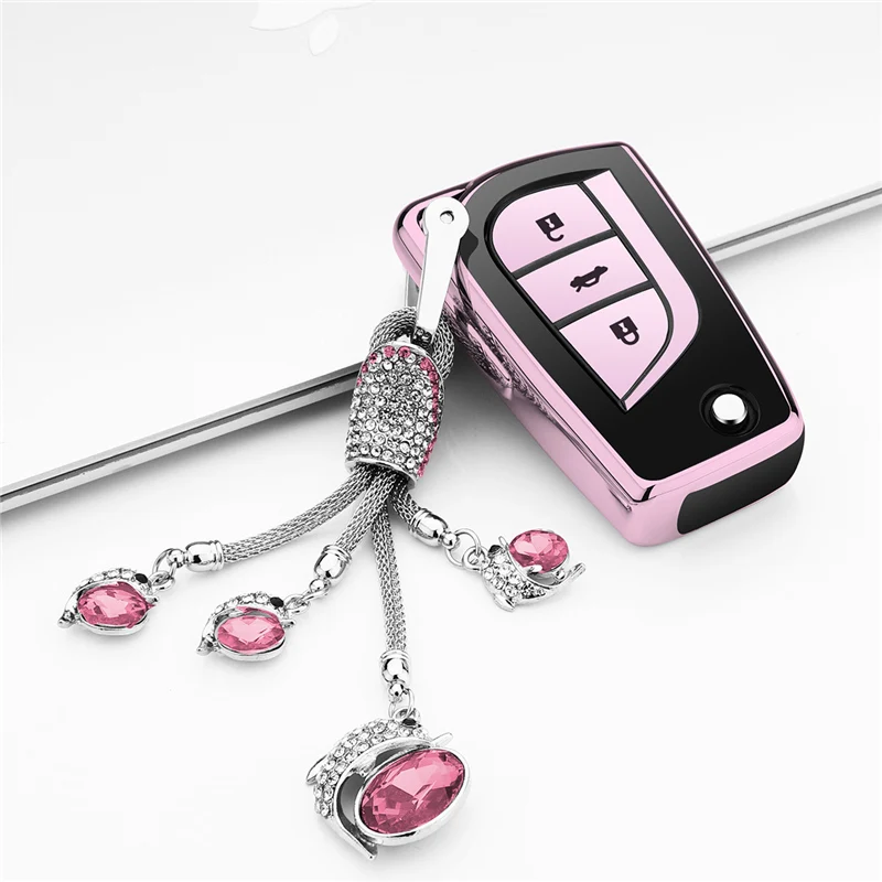 D-pink-keyring Мягкий ТПУ все включено автоматическая защита оболочки ключа чехол для Toyota camry rav4 Prius Camry Corolla автомобильные аксессуары - Название цвета: D-pink-keyring