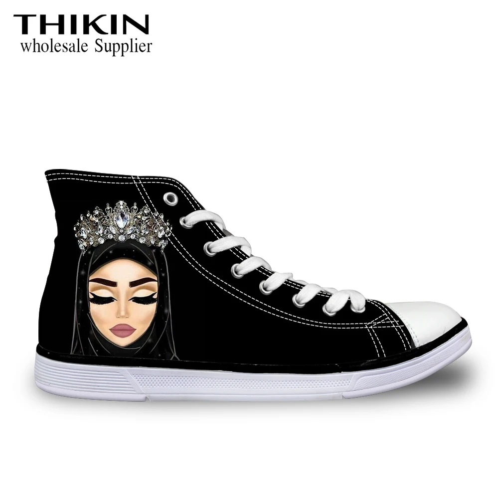 

THIKIN Hijab Face Muslim Islamic Gril Eyes Print Women Vulcanize Walking Shoes High Top Canvas Sneakers Casual Lace-up Flats