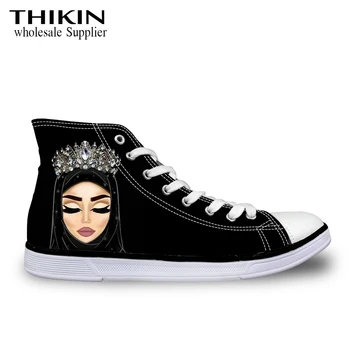 

THIKIN Hijab Face Muslim Islamic Gril Eyes Print Women Vulcanize Walking Shoes High Top Canvas Sneakers Casual Lace-up Flats